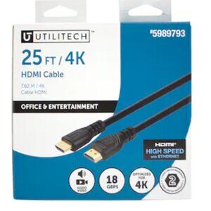 UTILITECH 25FT/4K HDMI CABLE- HIGH SPEED-18 GBps -GOLDPLATED CONNECTOR-1 UNIT/BX